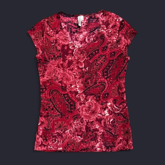 VTG Y2K Susan Lawrence Red & Black Floral Paisley Romantic Slinky Vampy Top S - Picture 6 of 8